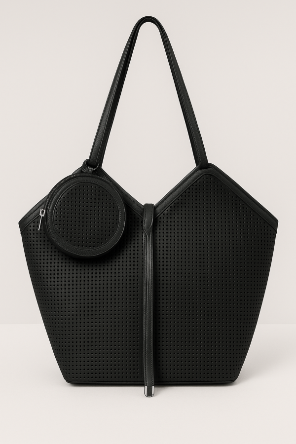 Black Perforated Leather Tote with Matching Coin Pouch