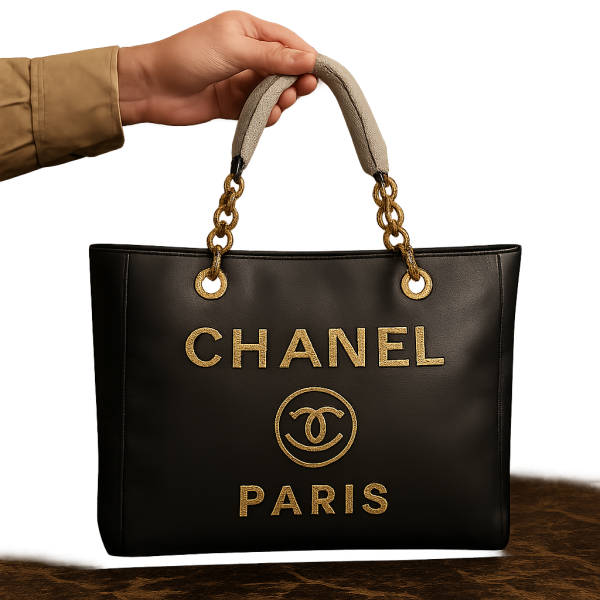Chanel-Inspired Black Leather Tote with Chain Handles